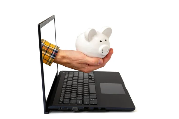 Hand Piggy Bank Sticking Out Laptop Screen Make Money Online — Stock Photo, Image