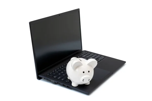 Piggy Bank Ноутбуком Означает Зарабатывать Деньги Интернете Бизнес Концепции — стоковое фото