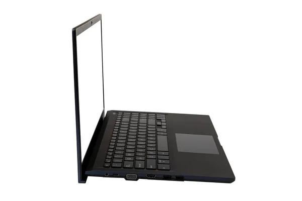 Nowoczesny Czarny Laptop Pustym Ekranem Białym Tle Widok Boczny — Zdjęcie stockowe