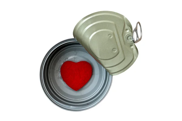 Tin Can Small Red Heart Bottom Surprised Love Concept — Stock Photo, Image