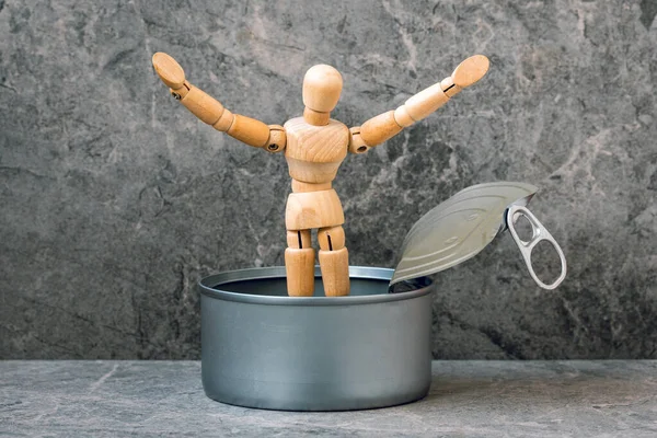 Dummy Jumps Out Tin Can Concept Surprise Thinking Box — Stock Photo, Image