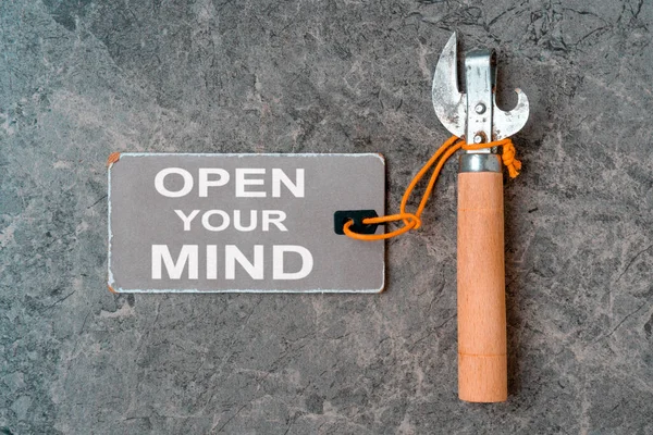 Can Opener Paper Tag Message Open Your Mind Open Your — Stock Photo, Image