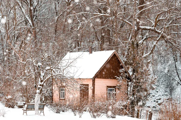 Снігопад Селі Маленький Дерев Яний Будинок Снігу — стокове фото