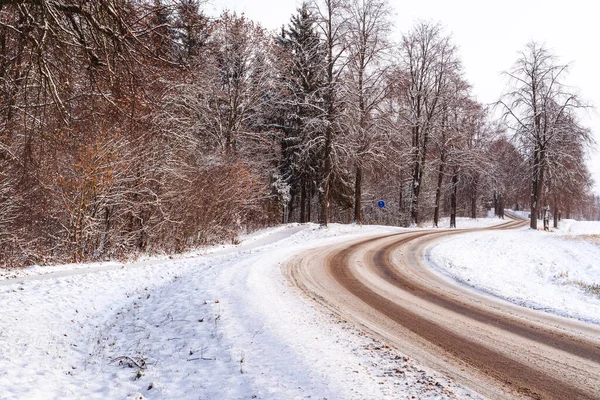 Zimowy Krajobraz Śnieżny Lodowata Droga Leśna Malowniczy Widok Pustą Drogę — Zdjęcie stockowe