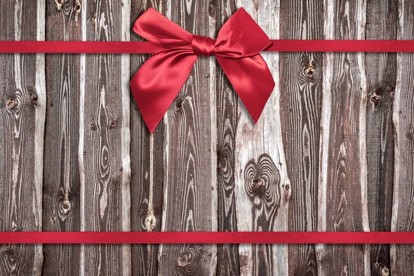 Decorative Red Ribbon Bow Old Wooden Background Copy Space — Stock Photo, Image