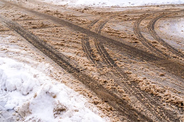 Winter Road Crossroad Car Tracks Dirty Snow Icing Chemicals Danger — Stock Photo, Image