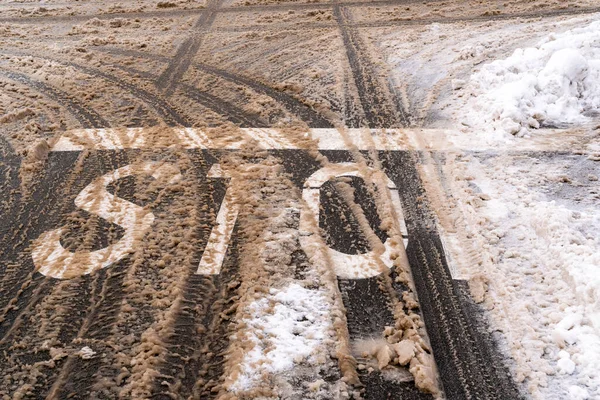 Winter Road Stop Sign Car Tracks Dirty Snow Icing Chemicals — Stock Photo, Image