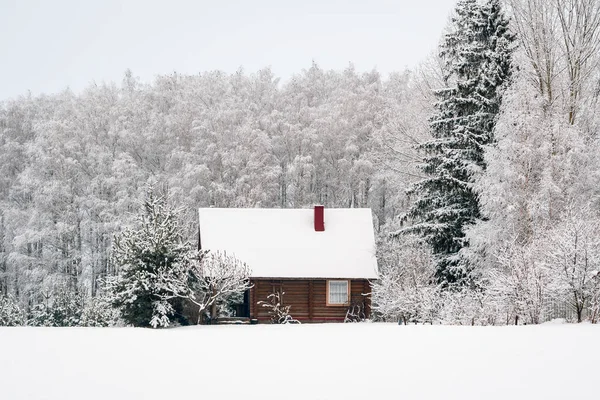 Wooden house in snow fairy forest. Winter scenery with small cottage surrounded by trees covered with snow and frost.