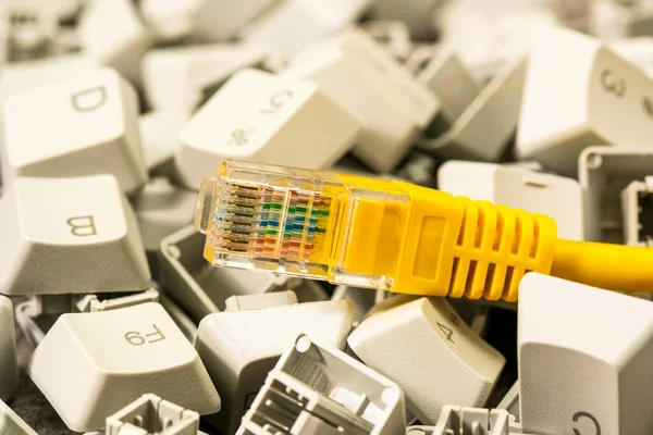 Lan Network Connection Ethernet Cable Pile Keyboard Keys Internet Cable — Stockfoto