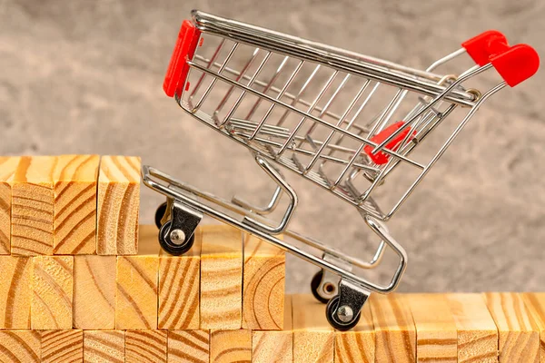 Shopping Cart Wood Blocks Step Stairs Increase Sales Concept — Stock Photo, Image