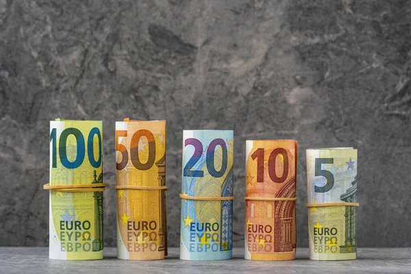 Fila Recta Billetes Cien Cincuenta Veinte Diez Cinco Billetes Euros — Foto de Stock