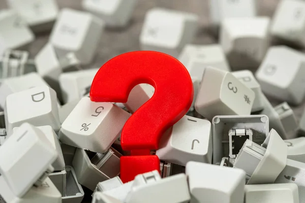 Red Plastic Question Mark Pile Computer Keyboard Keys Business Customer — Stock Photo, Image