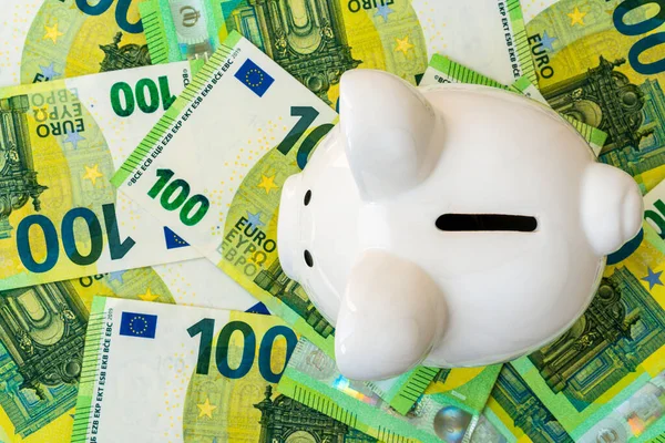 White Piggy Bank Euro Money Background Top View European Union — Stock Photo, Image