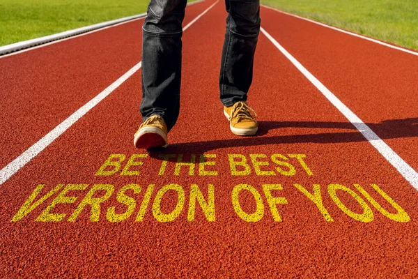 Man Walks Running Track Written Motivational Quote Best Version You — Stock Photo, Image