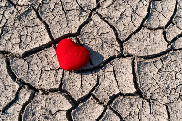 Κόκκινη Καρδιά Στην Ξηρασία Του Εδάφους Ραγισμένη Υφή Έννοια Της — Φωτογραφία Αρχείου