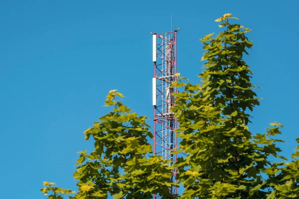 Stožár Anténami Mobil Proti Jasně Modré Obloze Strom Zelenými Listy — Stock fotografie