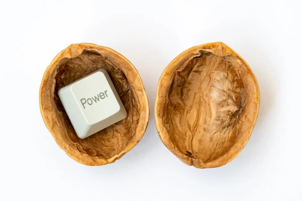 Cracked Walnut Shell Computer Power Button Conceptual Image — Stock Photo, Image