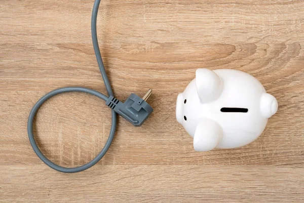 Konsep Tabungan Energi Piggy Bank Dengan Colokan Daya Pada Tablet — Stok Foto