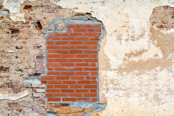 Duvarı Eski Tuğladan Örülmüş Penceresi Tuğlayla Kaplı Yazı Için Yeri — Stok fotoğraf