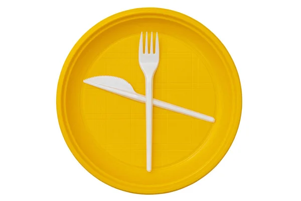 Κίτρινο Πλαστικό Πιάτο Μίας Χρήσης Και Λευκό Πιρούνι Μαχαίρι Απομονωμένο — Φωτογραφία Αρχείου