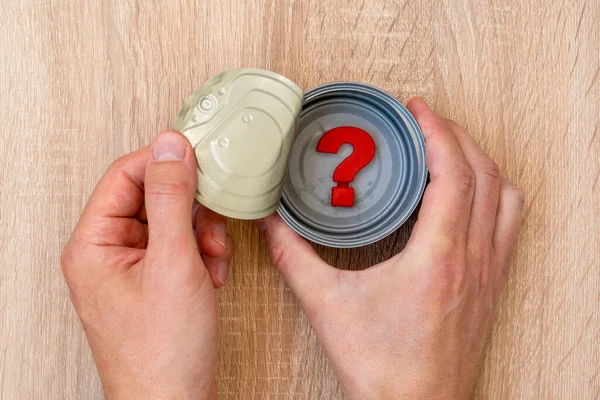 Hands Open Tin Can Which Question Mark Symbol — Stock Photo, Image