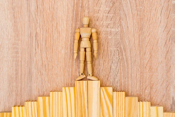 Wooden Man Standing Top Wooden Blocks Leadership Concept Represent Leadership — Stock Photo, Image