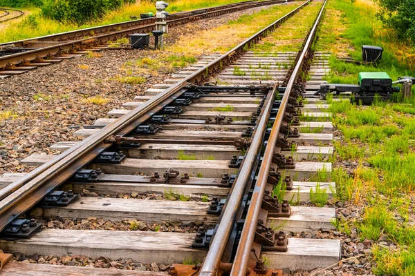 Schalthebel Auf Bahngleisen Kontrollieren Sie Den Zug Den Wechsler Verkehrsinfrastruktur — Stockfoto