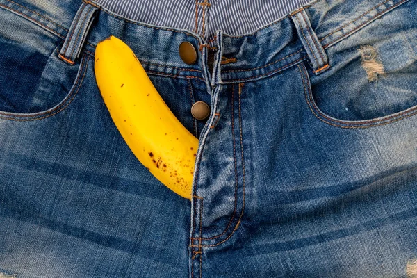 Banana Out Mens Jeans Mens Penis Potency Concept — Stok fotoğraf