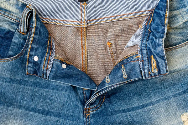 Close Crotch Blue Jeans Texture Old Blue Jean Front Seam — Stock Photo, Image