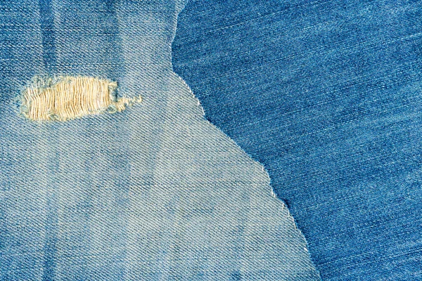 Denim Blue Jeans Fabric Background Ripped Denim Fabric Destroyed Torn — Stock Photo, Image