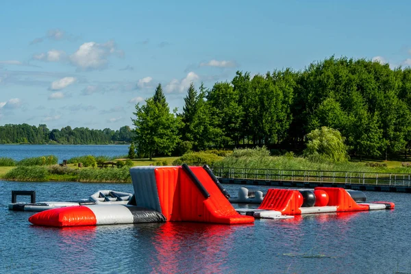 Vue Parc Aquatique Flottant Gonflable Dans Lac Parc Aquatique Amusant — Photo
