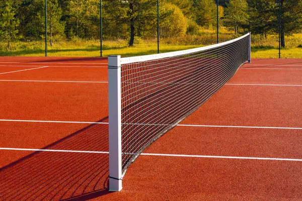 Zwart Tennisnet Een Rode Speeltuin Buiten Tennis Net Lijnen Stockfoto