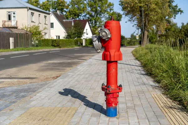 Jeden Červený Požární Hydrant Stojí Ulici Červená Zástrčka Chodníku Royalty Free Stock Obrázky