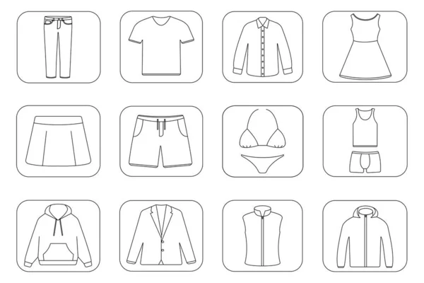 Kleidersammlung Für Frauen Und Männer Vektor Ikone Umreißt Illustration — Stockvektor