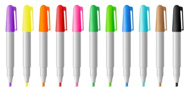 Vector illustration of a set of realistic colored markers on a white background. Stationery and school supplies. clipart