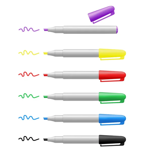 白色背景上6个现实彩色标记的矢量图解 文具和学习用品 — 图库矢量图片