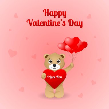 Sevgililer günü kartında oyuncak ayı kalp ve balonlarla duruyor. 