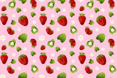 Çilekli ve pürüzsüz desen. Yazın vahşi kırmızı böğürtlen, yeşil yapraklar ve beyaz çiçeklerle dolu bir arka plan. Tekstil, ambalaj, duvar kağıdı için pembe arkaplan üzerinde izole edilmiş çizgi film vektör çizimi.