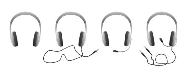 Kulaklık ikonları. Kablosuz ve kablosuz kulaklıklar. Oyun ve destek için mikrofonlu kulaklık. Müzik dinlemek için bir araç. Vektör illüstrasyonu beyaz arkaplanda izole edildi.