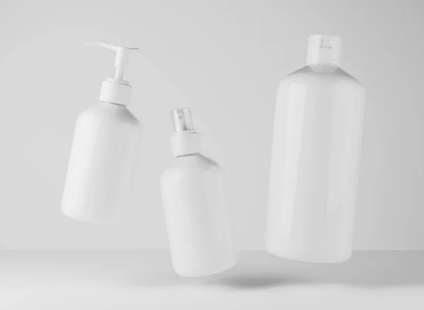 Tři Různé Bílé Plastové Láhve Vlasy Výrobky Pro Péči Tělo — Stock fotografie