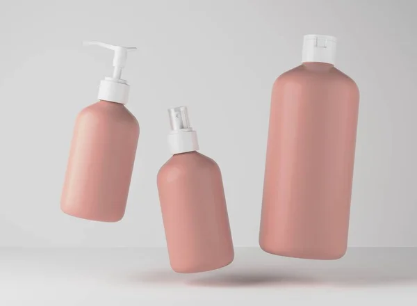Tři Různé Hnědé Plastové Láhve Vlasy Výrobky Pro Péči Tělo — Stock fotografie