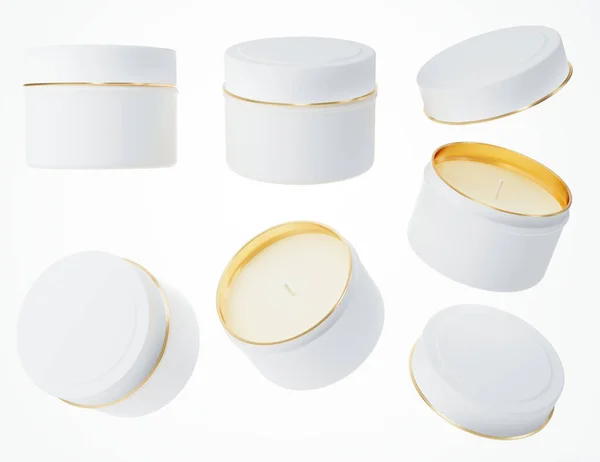 将蜡烛装在有盖的白色和金色金属罐子里 用三维渲染模型 用白色背景设计模板隔离不同的烛盒视图 商业礼品概念 — 图库照片