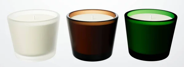 3色のガラス容器キャンドルのセットモックアップ3Dレンダリング 綿ウィックデザインの香りのキャンドルブランディングと製品の可視化のための準備ができてテンプレート — ストック写真