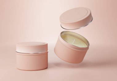 Kutu mum kutusu bej arka planda maket, seyahat mumu markalaştırma ve broduct paketleme tasarımı için şablon oluşturabilir