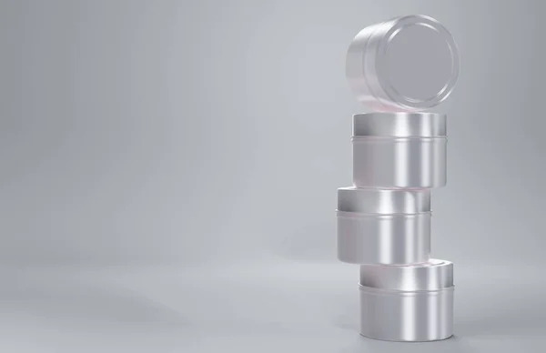 Stack Silver Behållare Ljus Tenn Box Mock Beige Bakgrund Render — Stockfoto