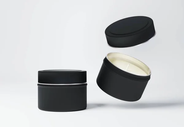 集装箱黑色蜡烛盒造型灰色背景3D渲染 旅行蜡烛可模板品牌和罗纹包装设计 — 图库照片