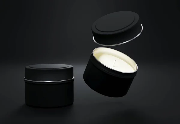集装箱蜡烛盒造型黑色背景3D渲染 旅行蜡烛可模板品牌和罗纹包装设计 — 图库照片