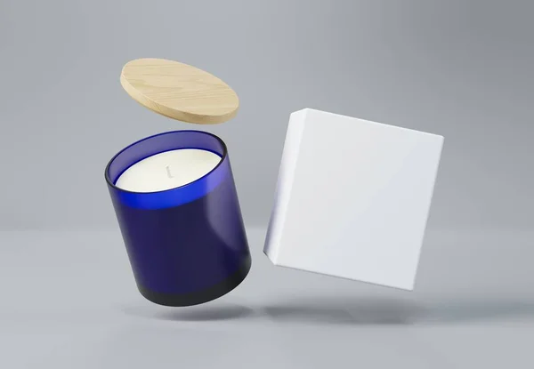 Niebieski Szklany Słoik Świeca Drewnianą Pokrywą Pudełko Renderowania Makieta Pływające — Zdjęcie stockowe