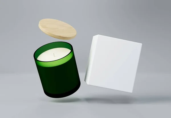 Πράσινο Γυάλινο Βάζο Κερί Βάζο Ξύλινο Καπάκι Και Κουτί Καθιστούν — Φωτογραφία Αρχείου