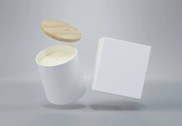 Biały Ceramiczny Słoik Świeca Szklana Drewnianą Pokrywą Pudełko Renderowania Makieta — Zdjęcie stockowe